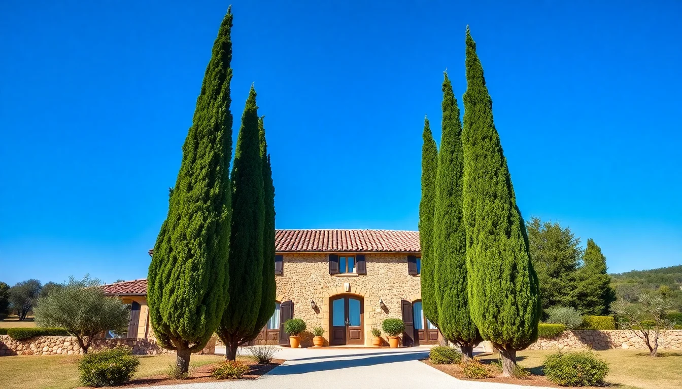 Cyprès plantés devant une maison